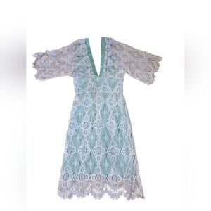 Yanak For Bebe Ivory Cotton Lace With Blue/Green Silk Lining VNeck Dress Size XS